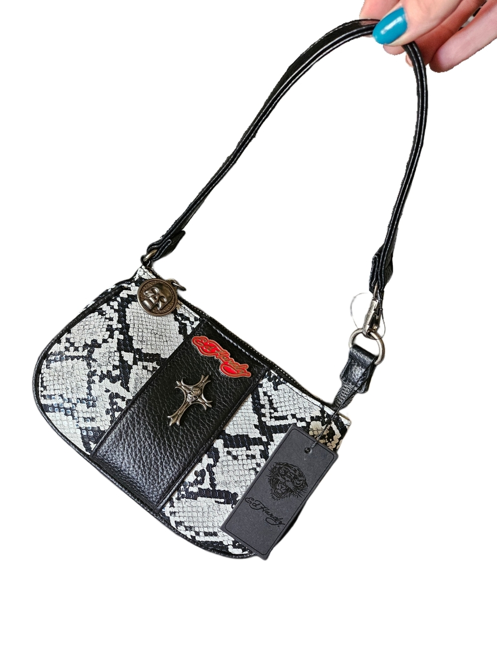 NWT Ed Hardy Mini Shoulder Purse White & Black Snake skin Cross & Skull Details